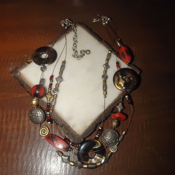 Chicos Multicolor Beaded Necklace With Tortoiseshell & Red Accents - Picture 1 of 6